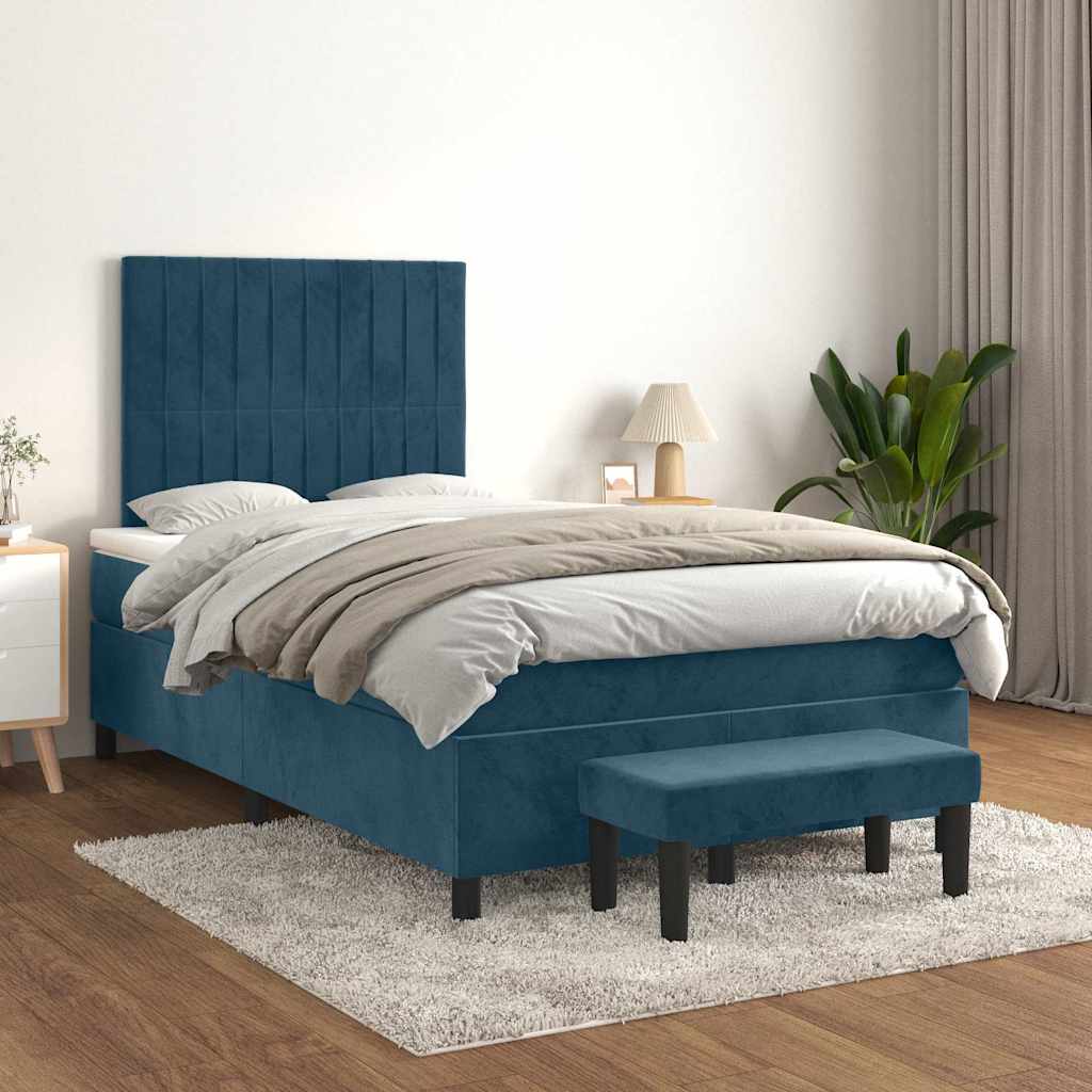 sötétkék bársony rugós ágy matraccal 120x190 cm