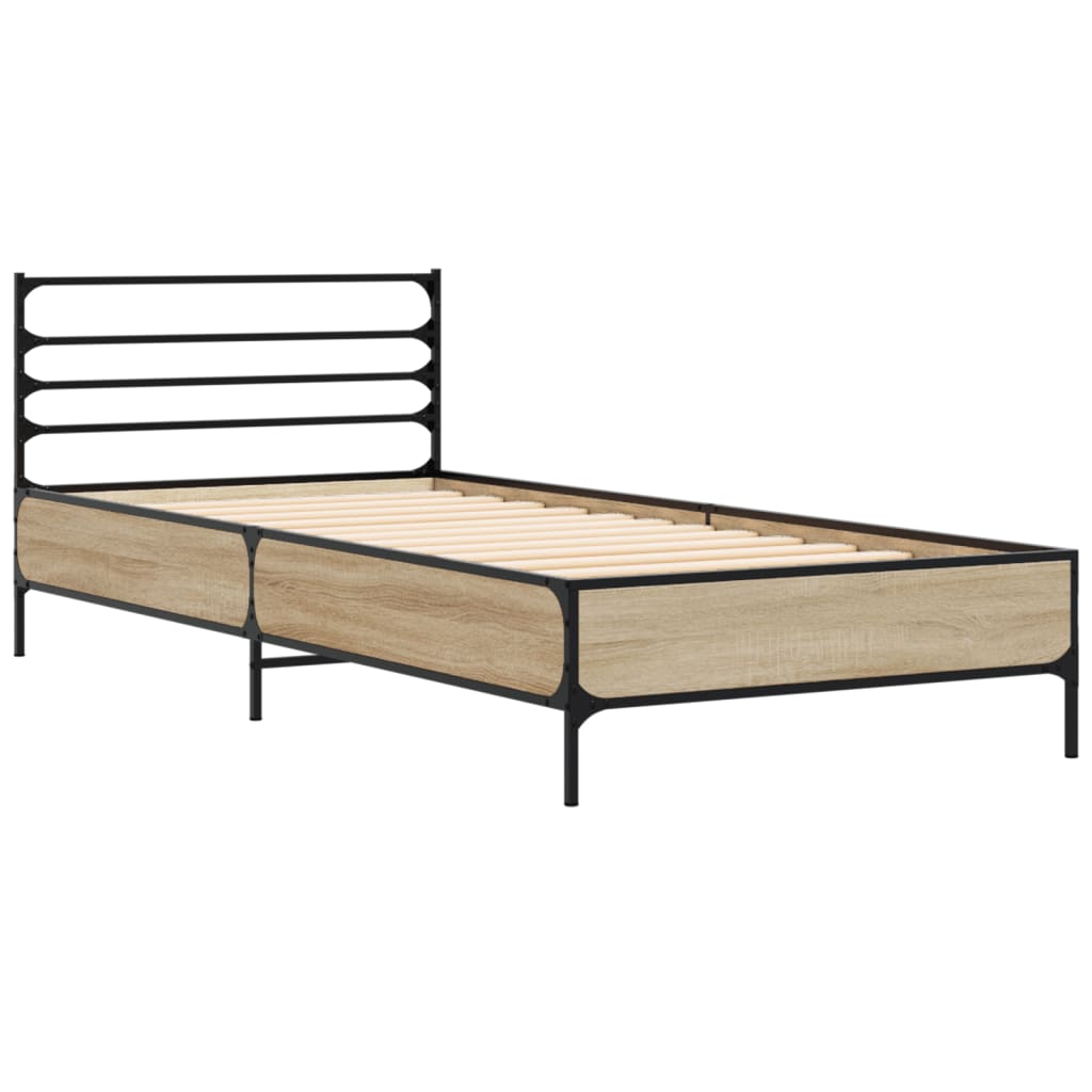 sonoma tölgyszínű szerelt fa és fém ágykeret 90 x 200 cm