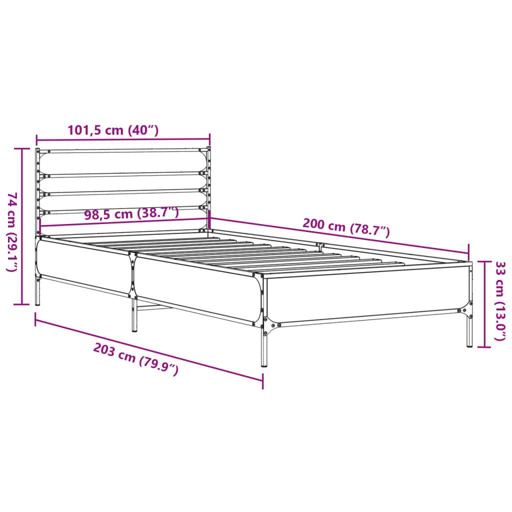 füstös tölgyszínű szerelt fa és fém ágykeret 100 x 200 cm