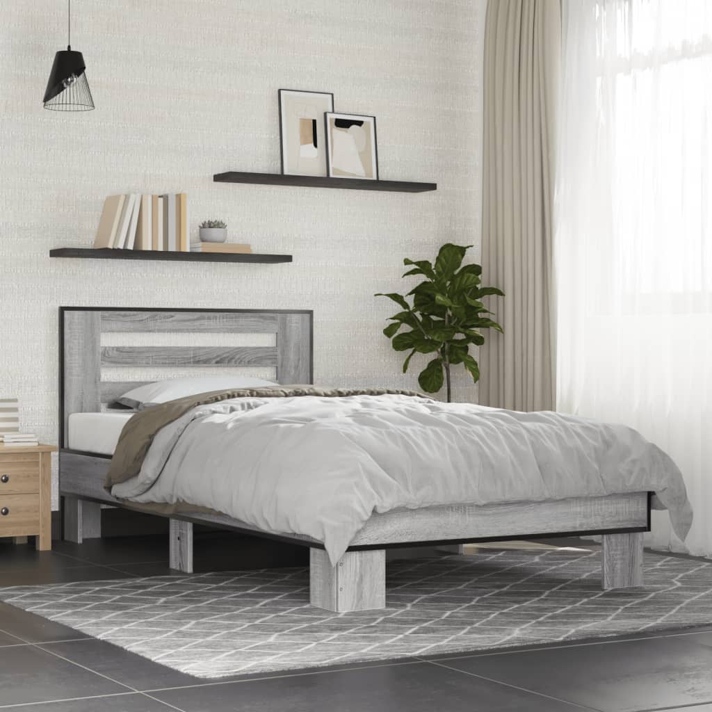 sonoma tölgyszínű szerelt fa és fém ágykeret 100 x 200 cm