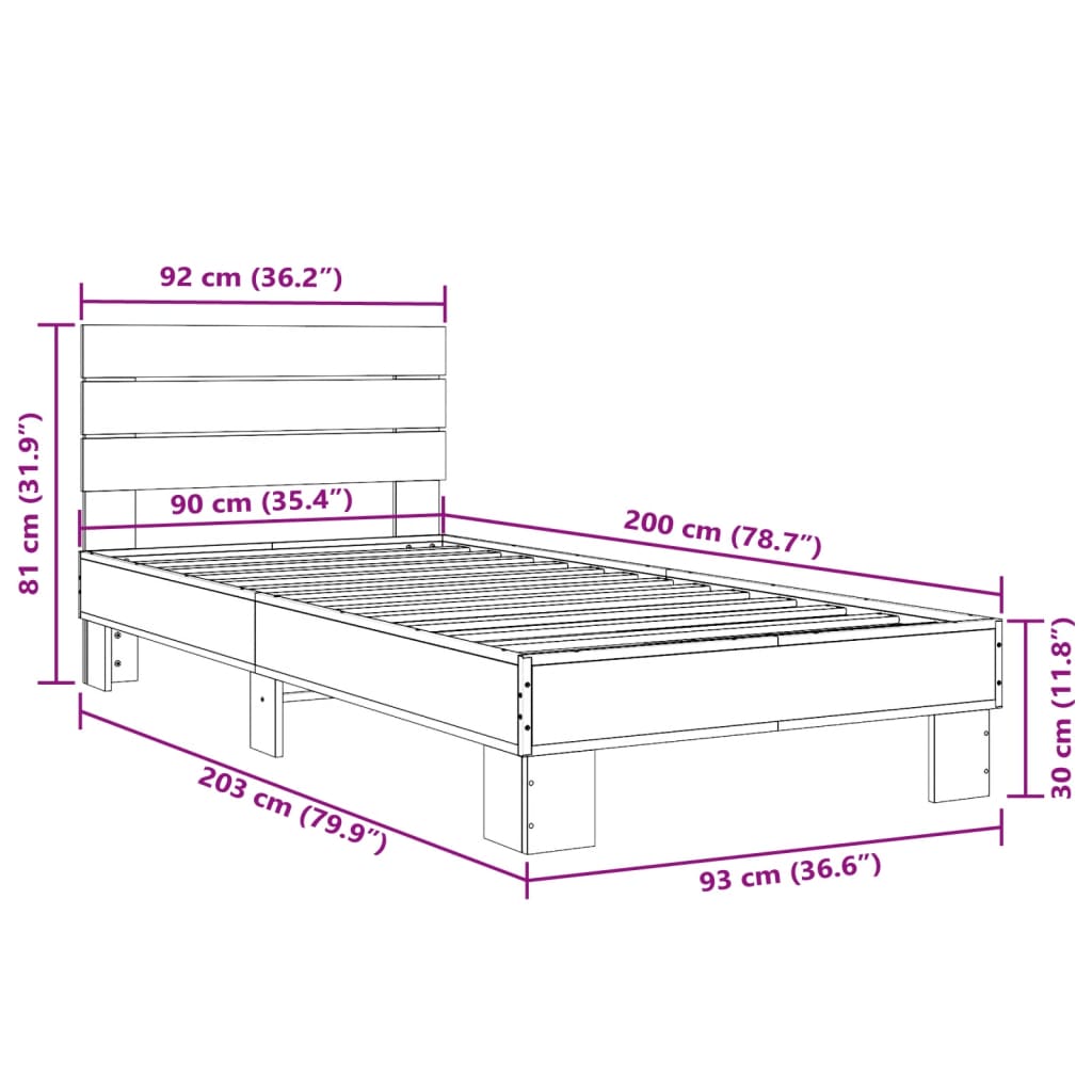 fekete szerelt fa és fém ágykeret 90 x 200 cm