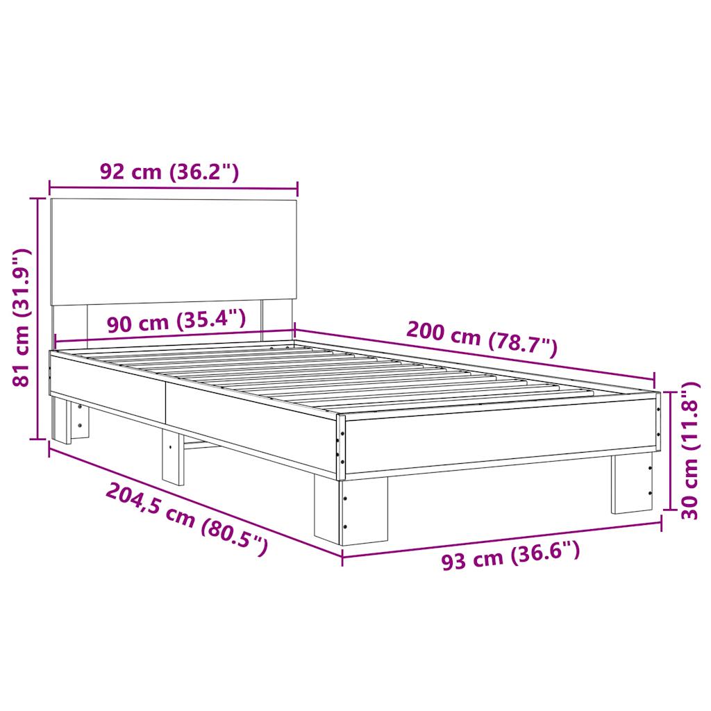 füstös tölgyszínű szerelt fa és fém ágykeret 90 x 200 cm