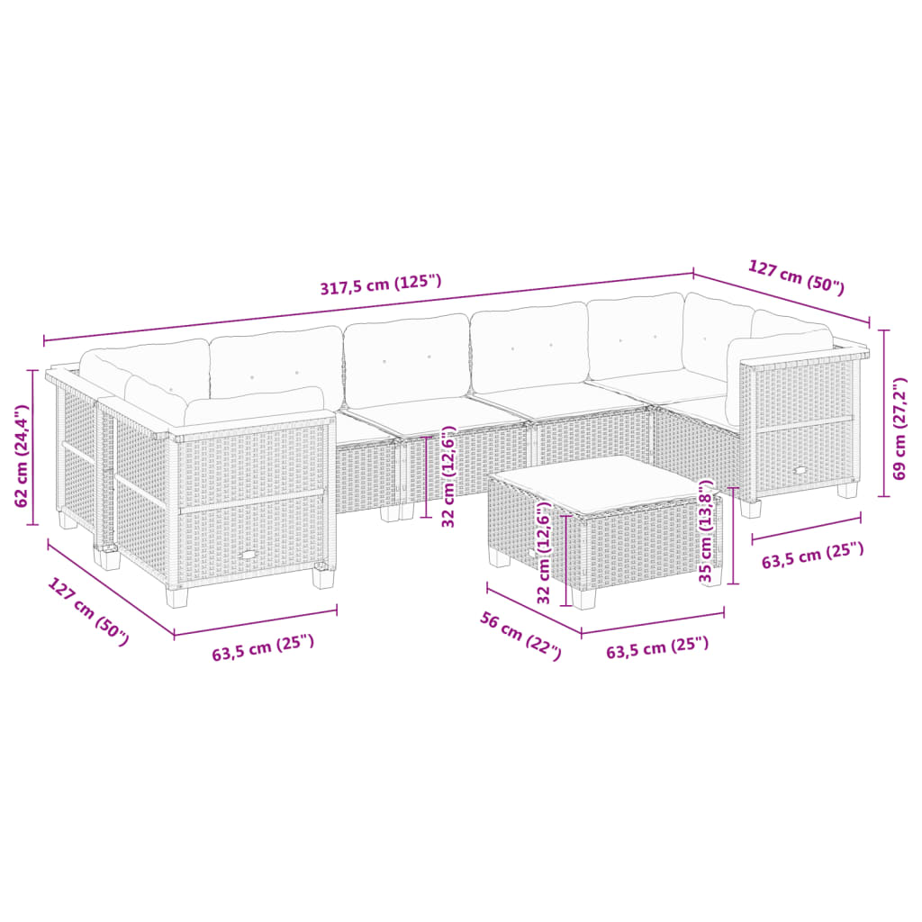 8 részes fekete polyrattan kerti ülőgarnitúra párnákkal