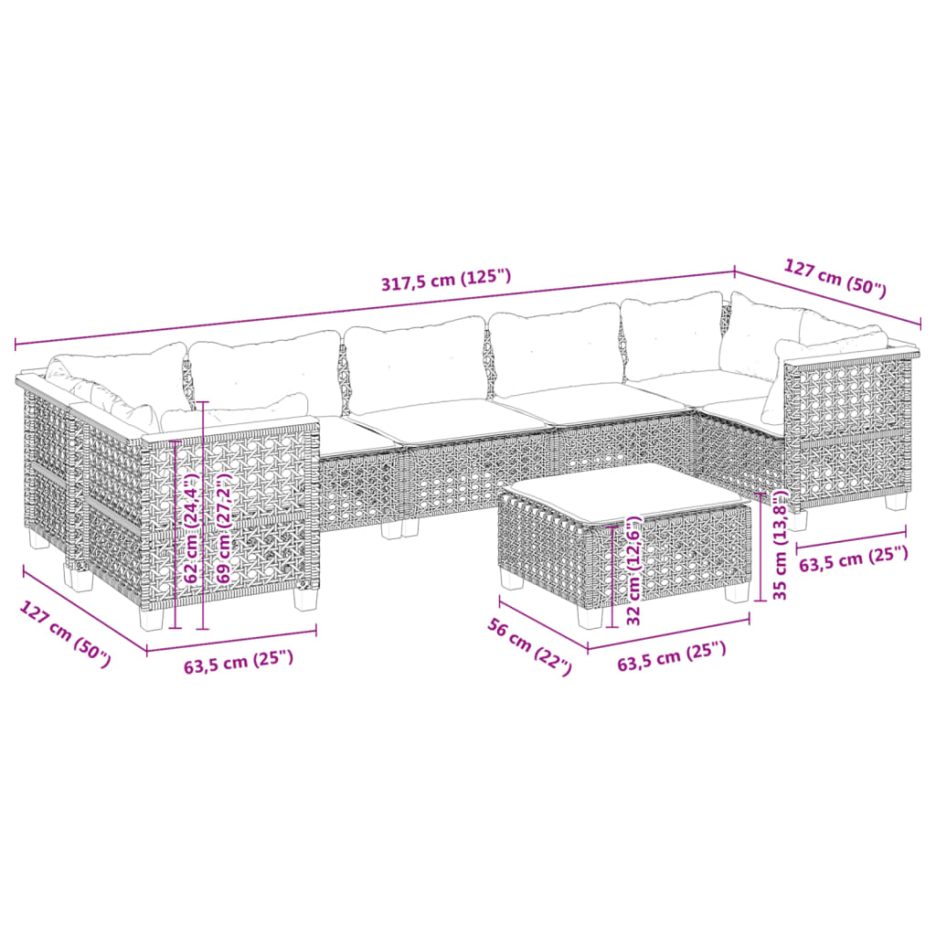 8 részes szürke polyrattan kerti ülőgarnitúra párnákkal