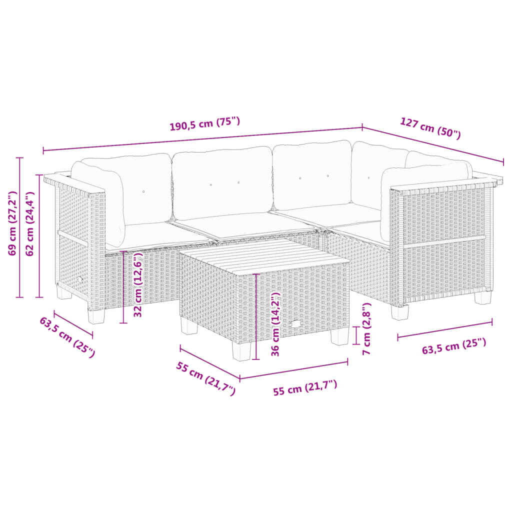 5 részes fekete polyrattan kerti kanapészett párnákkal