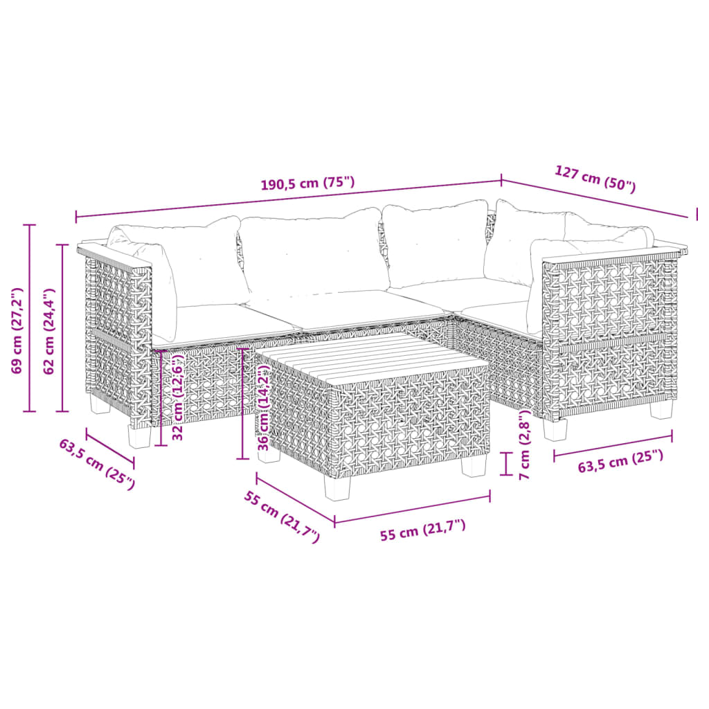 5 részes szürke polyrattan kerti ülőgarnitúra párnákkal