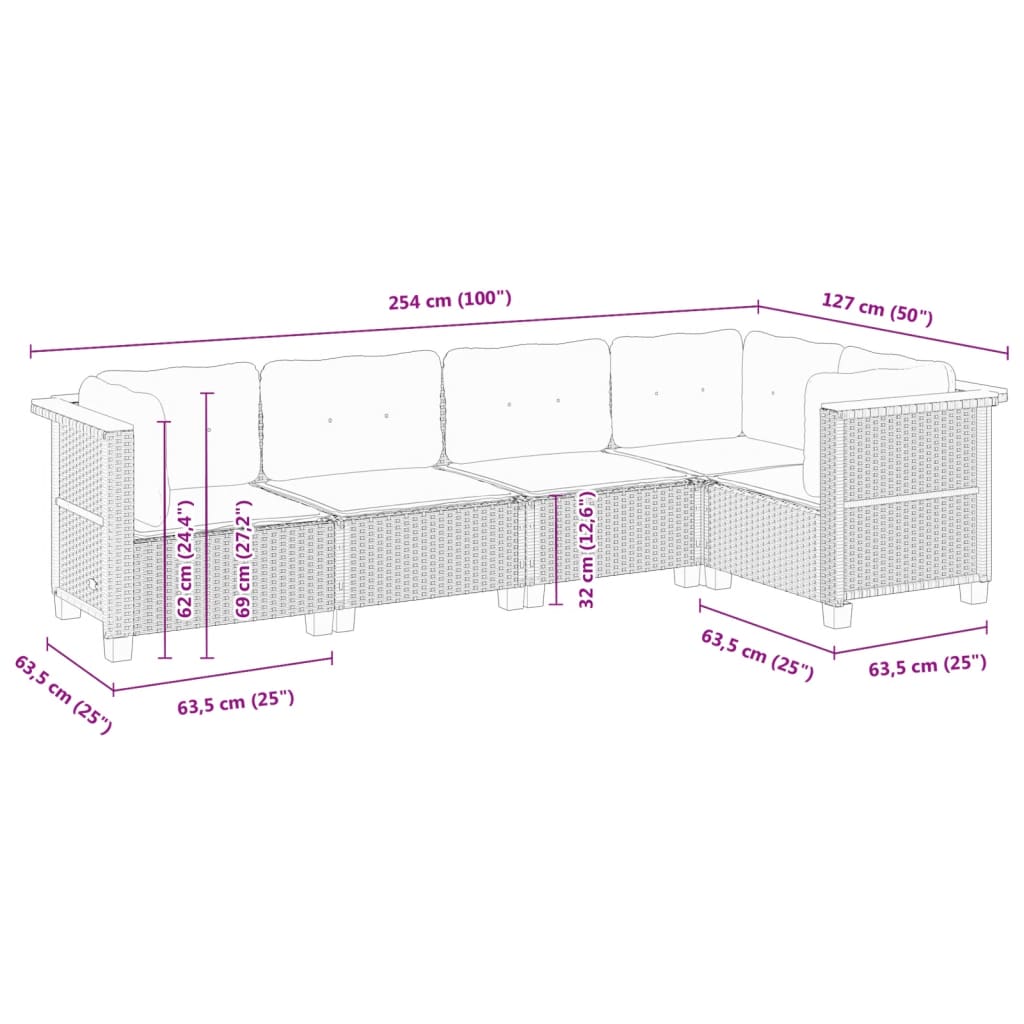 5 részes fekete polyrattan kerti kanapészett párnákkal