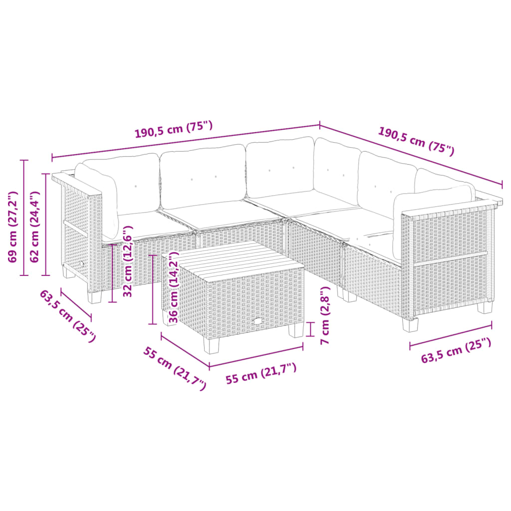 6 részes fekete polyrattan kerti ülőgarnitúra párnákkal