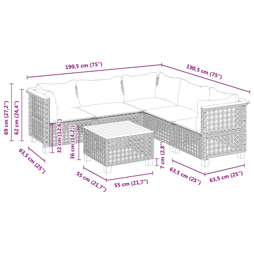6 részes szürke polyrattan kerti ülőgarnitúra párnákkal
