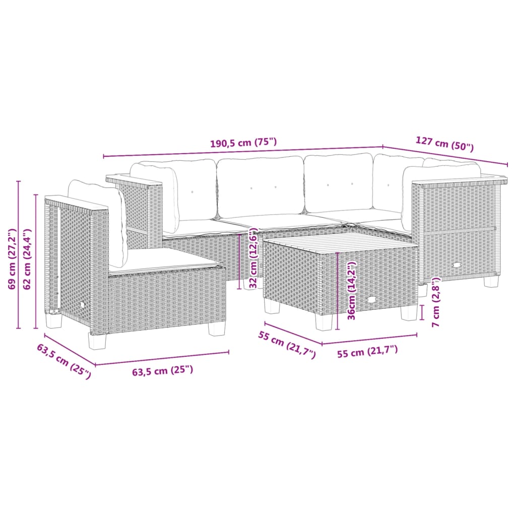 6 részes fekete polyrattan kerti ülőgarnitúra párnákkal