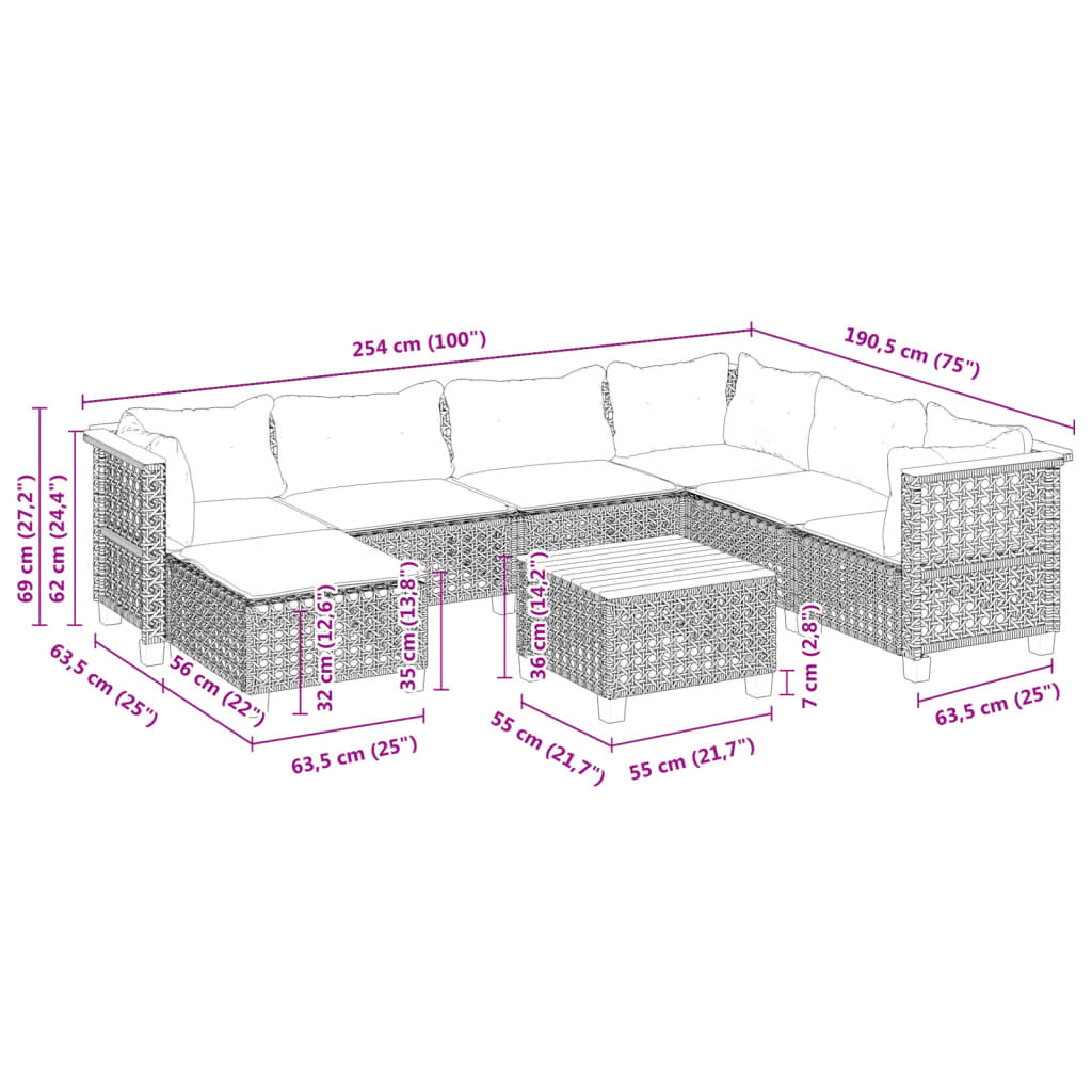 8 részes szürke polyrattan kerti ülőgarnitúra párnákkal