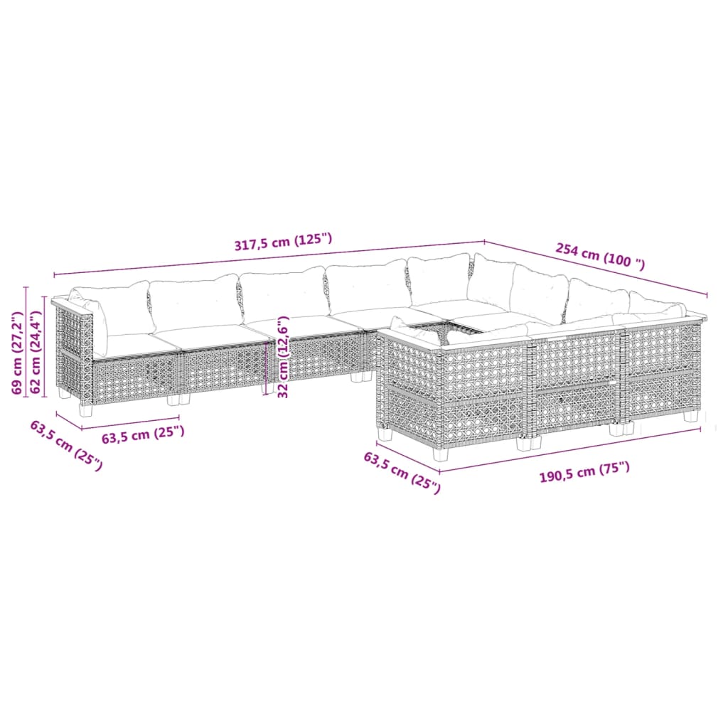 10 részes fekete polyrattan kerti ülőgarnitúra párnákkal