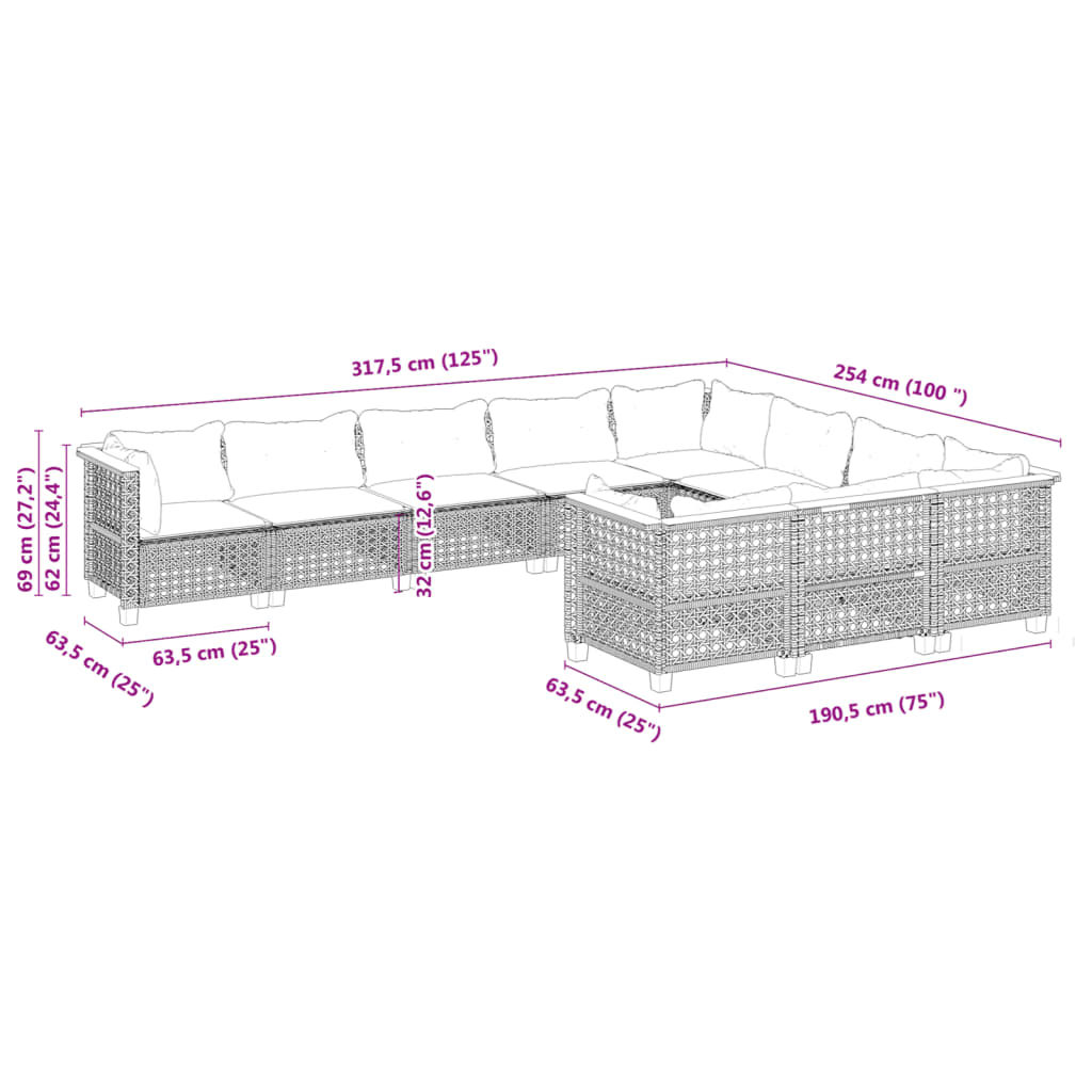 10 részes szürke polyrattan kerti ülőgarnitúra párnákkal