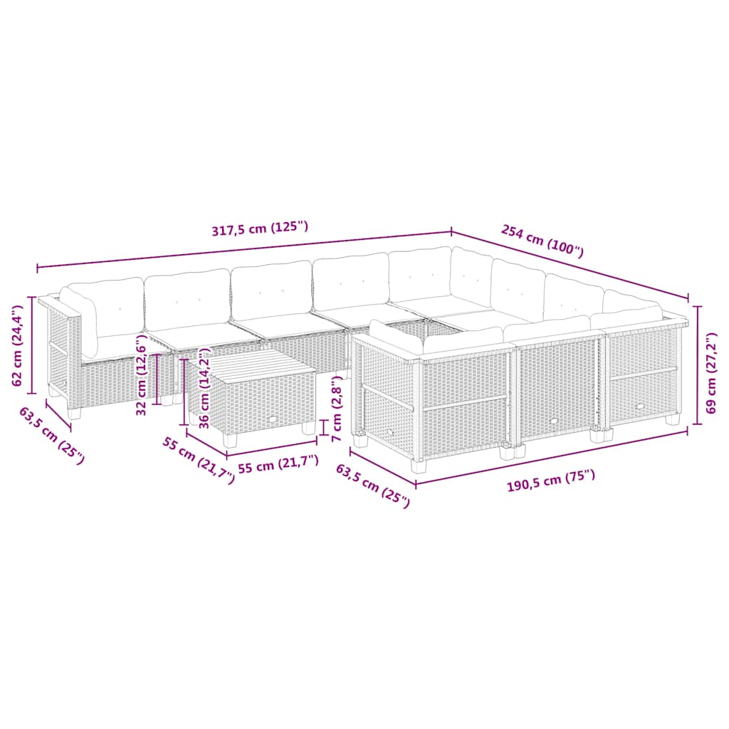 11 részes bézs polyrattan kerti ülőgarnitúra párnákkal