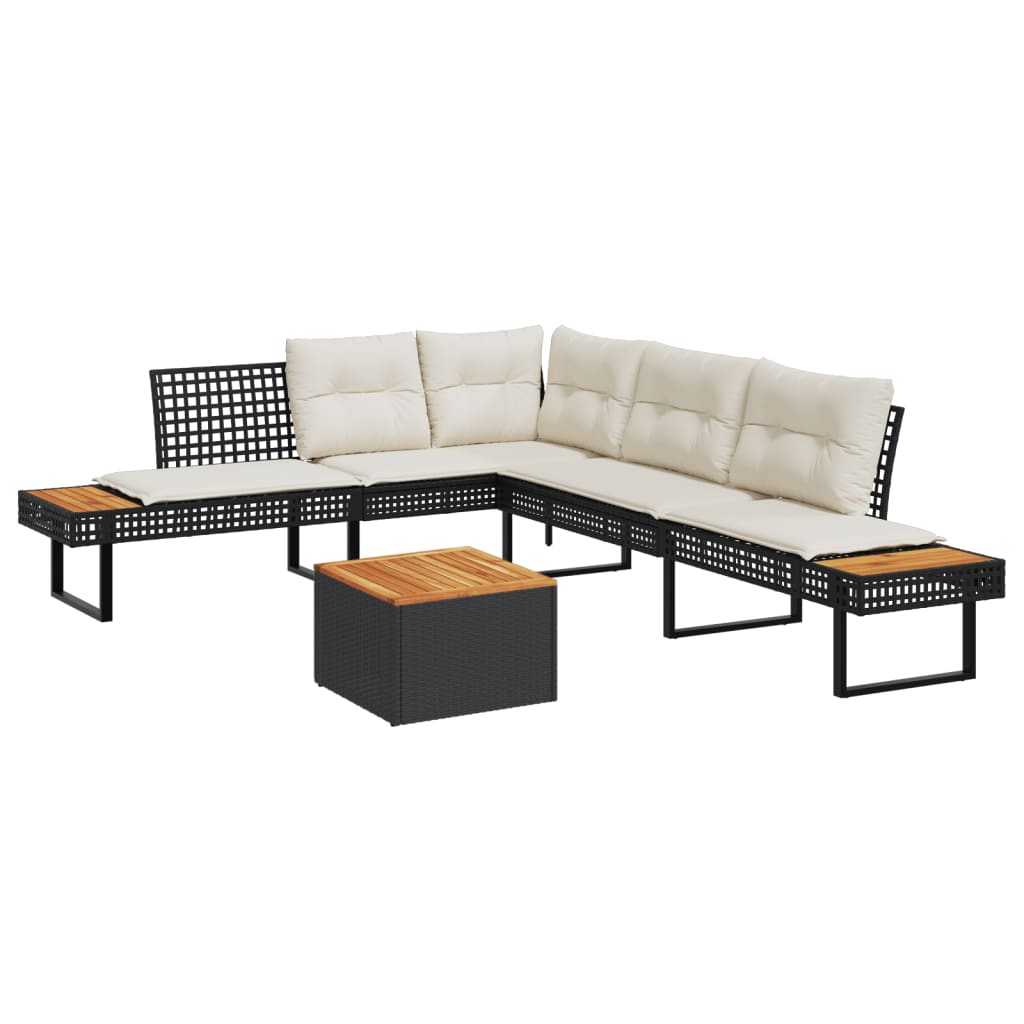 2 részes fekete polyrattan/akácfa kerti kanapészett párnákkal