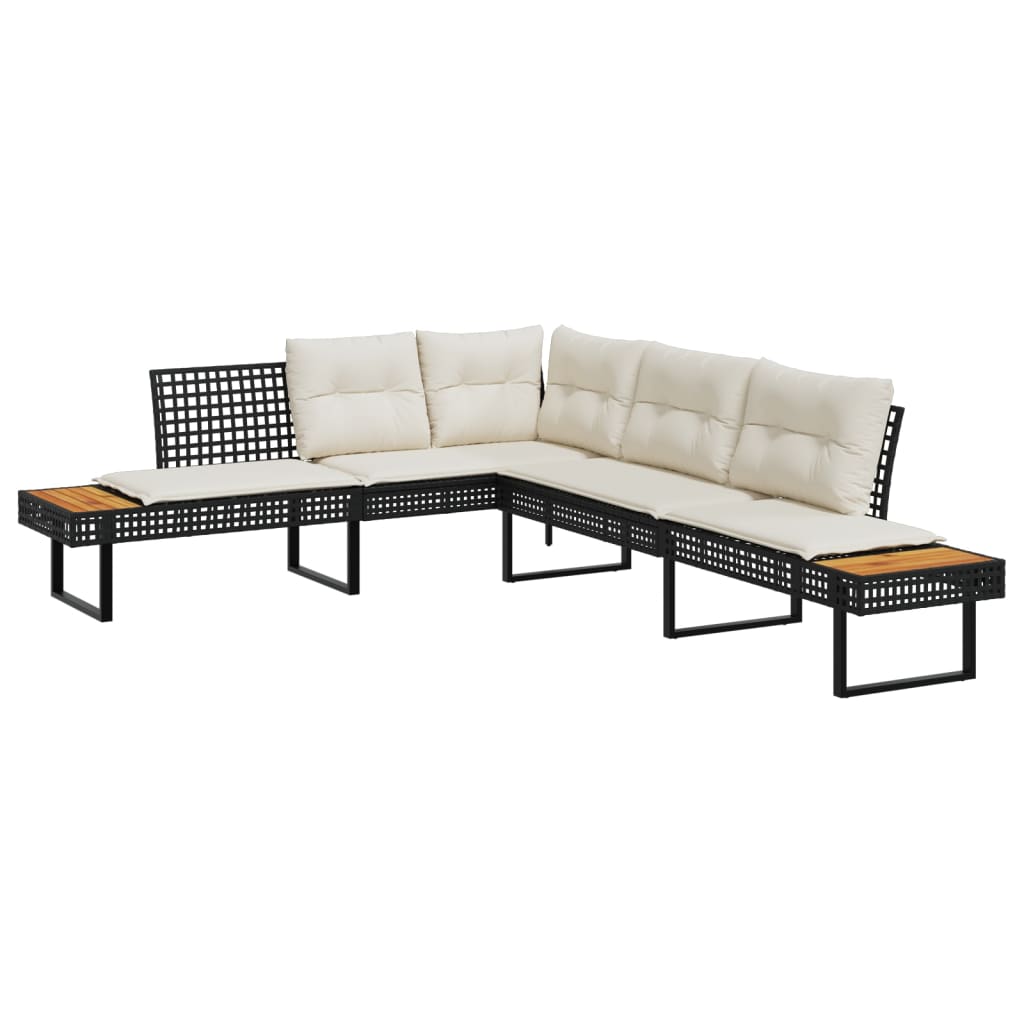 2 részes fekete polyrattan/akácfa kerti kanapészett párnákkal