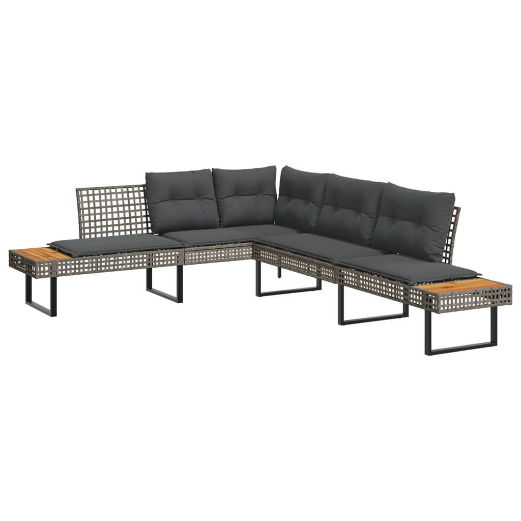2 részes szürke polyrattan/akácfa kerti kanapészett párnákkal