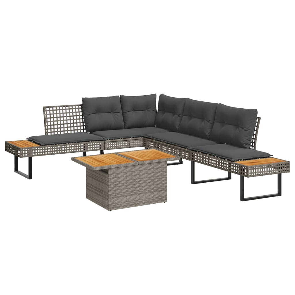 2 részes szürke polyrattan/akácfa kerti kanapészett párnákkal
