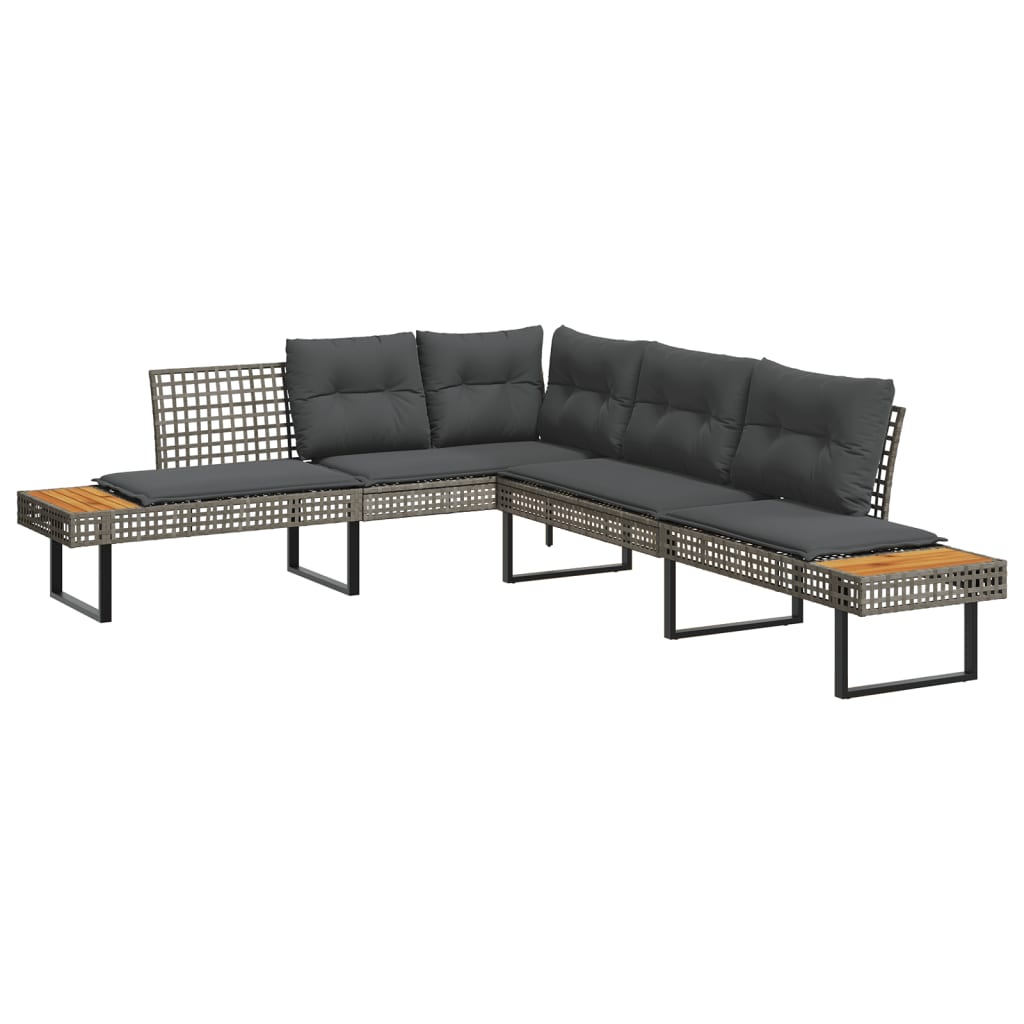 2 részes szürke polyrattan/akácfa kerti kanapészett párnákkal