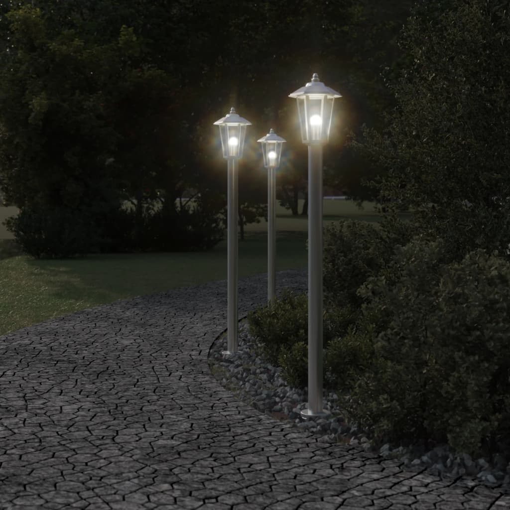 3 db ezüstszínű rozsdamentes acél kültéri állólámpa 120 cm