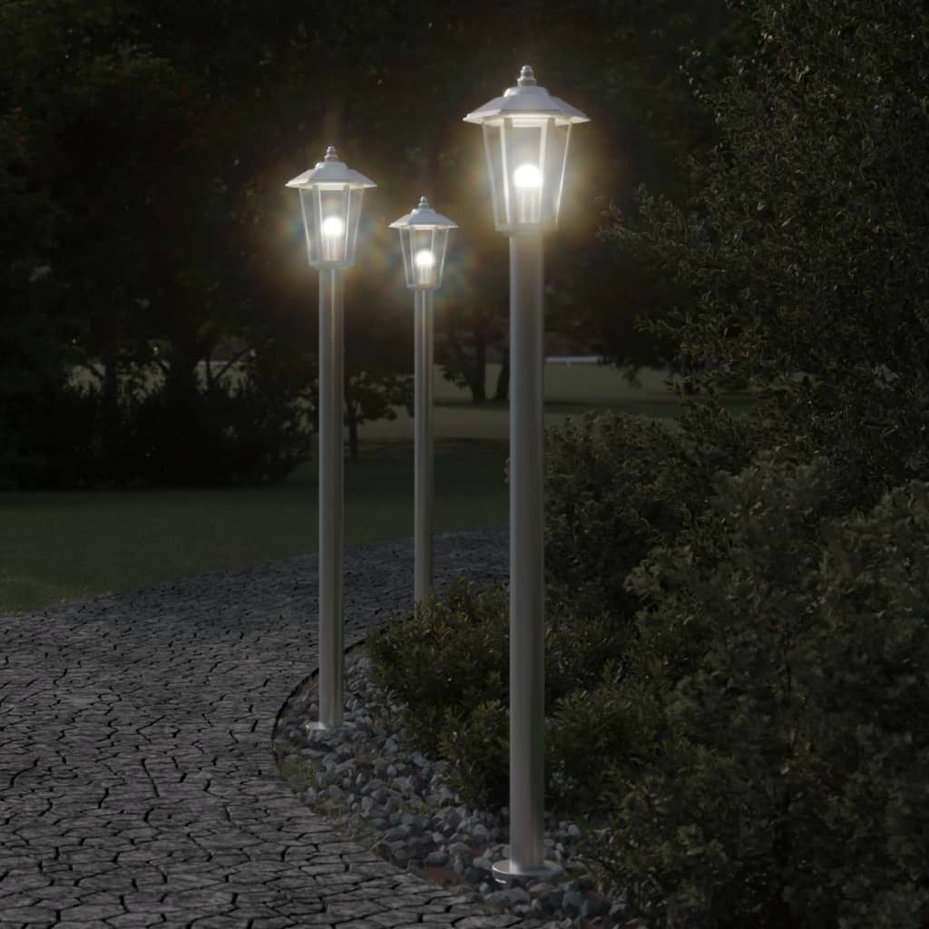 3 db ezüstszínű rozsdamentes acél kültéri állólámpa 120 cm
