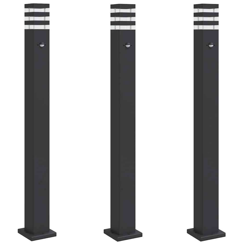3 db fekete alumínium kültéri állólámpa érzékelővel 110 cm