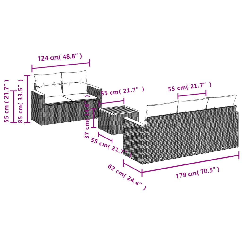6 részes fekete polyrattan kerti ülőgarnitúra párnákkal