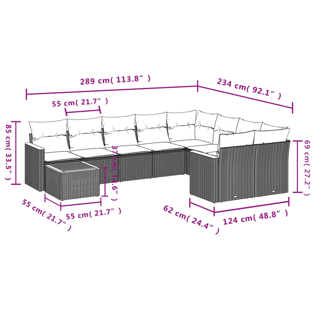 10 részes fekete polyrattan kerti ülőgarnitúra párnákkal