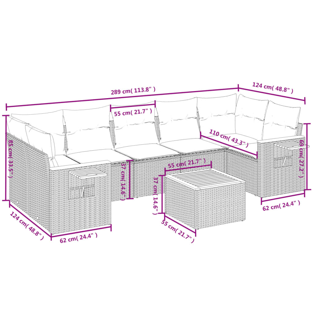 8 részes szürke polyrattan kerti ülőgarnitúra párnákkal
