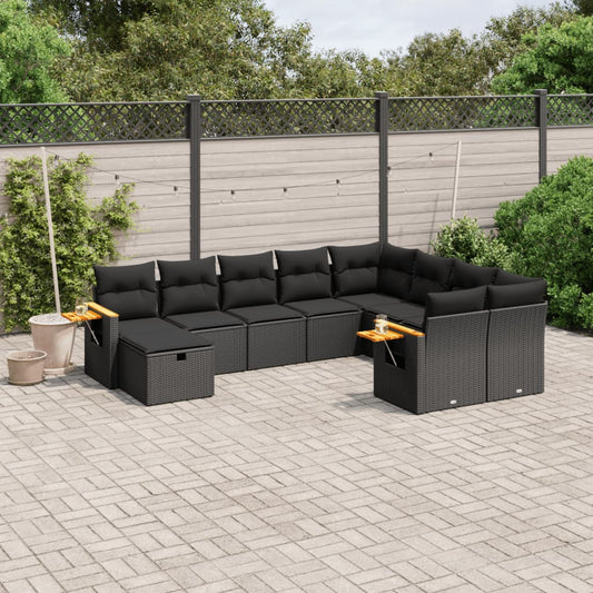 10 részes fekete polyrattan kerti ülőgarnitúra párnákkal
