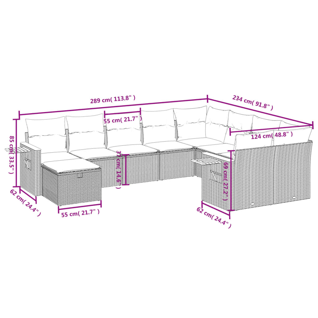 10 részes szürke polyrattan kerti ülőgarnitúra párnákkal