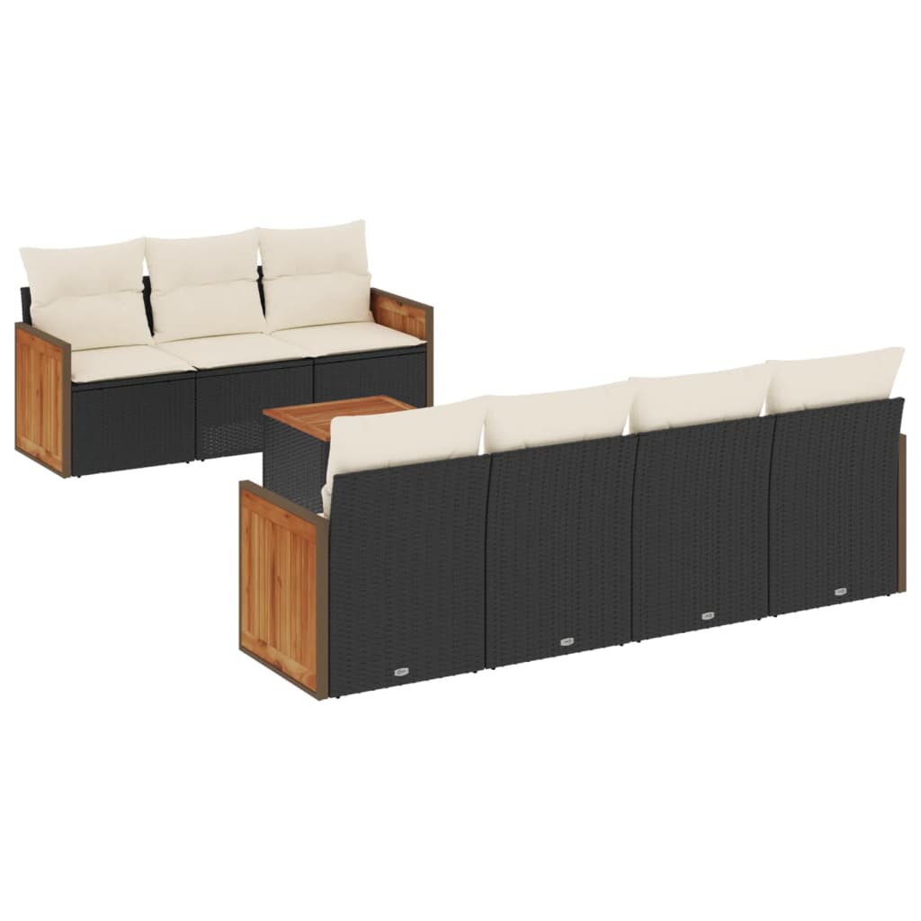 8 részes fekete polyrattan kerti ülőgarnitúra párnákkal