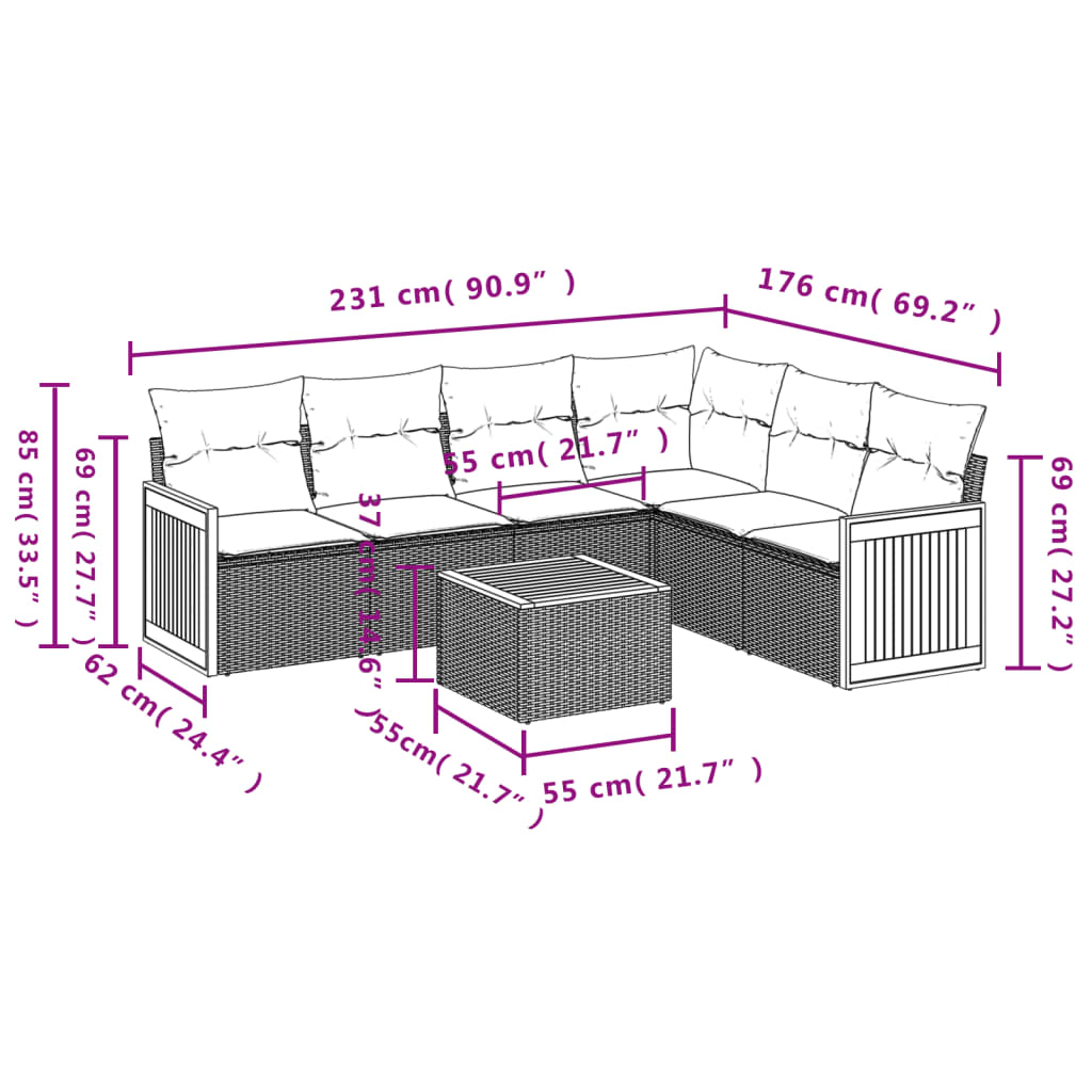 7 részes fekete polyrattan kerti ülőgarnitúra párnával