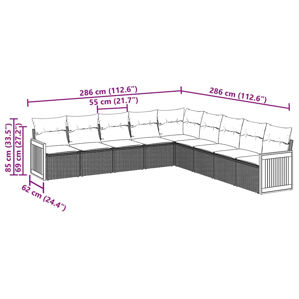 9 részes fekete polyrattan kerti ülőgarnitúra párnákkal