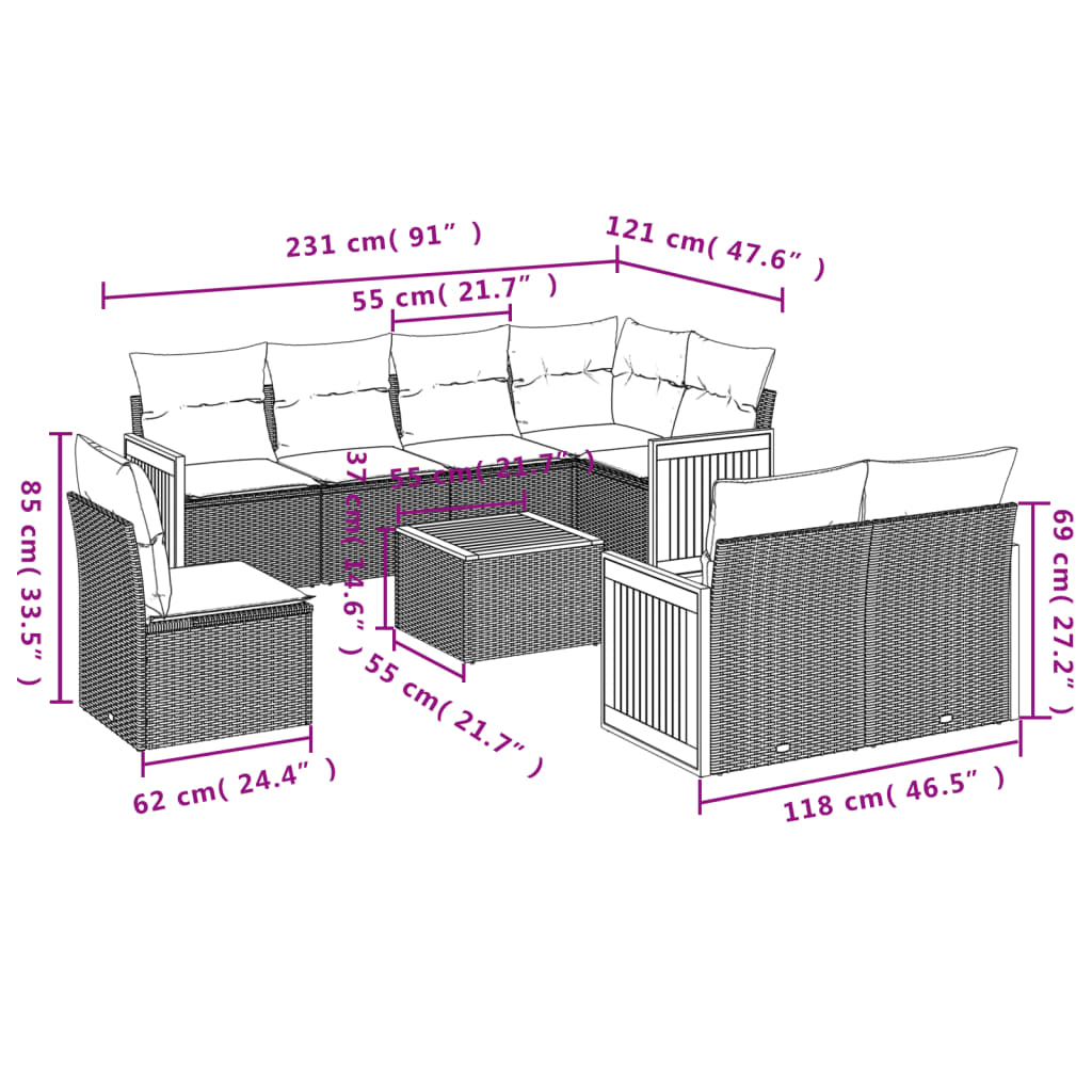 9 részes szürke polyrattan kerti ülőgarnitúra párnákkal