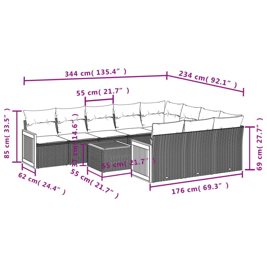 11 részes fekete polyrattan kerti ülőgarnitúra párnákkal