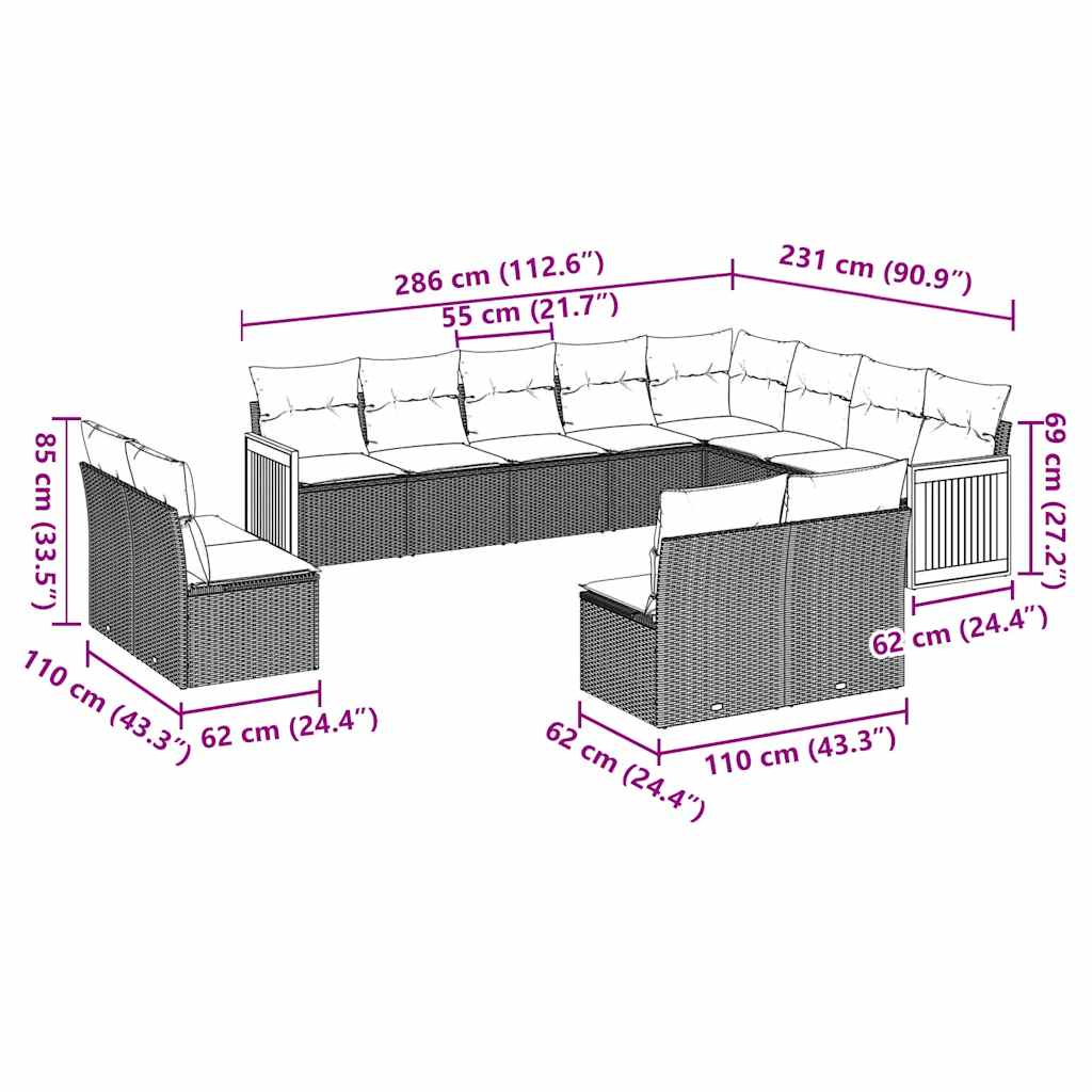 12 részes fekete polyrattan kerti ülőgarnitúra párnákkal