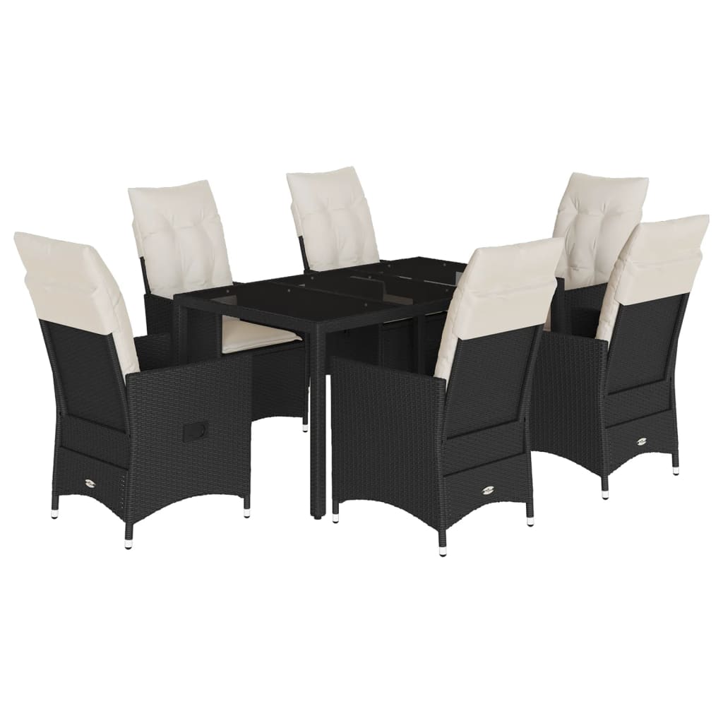 7 részes fekete polyrattan kerti étkezőgarnitúra párnával