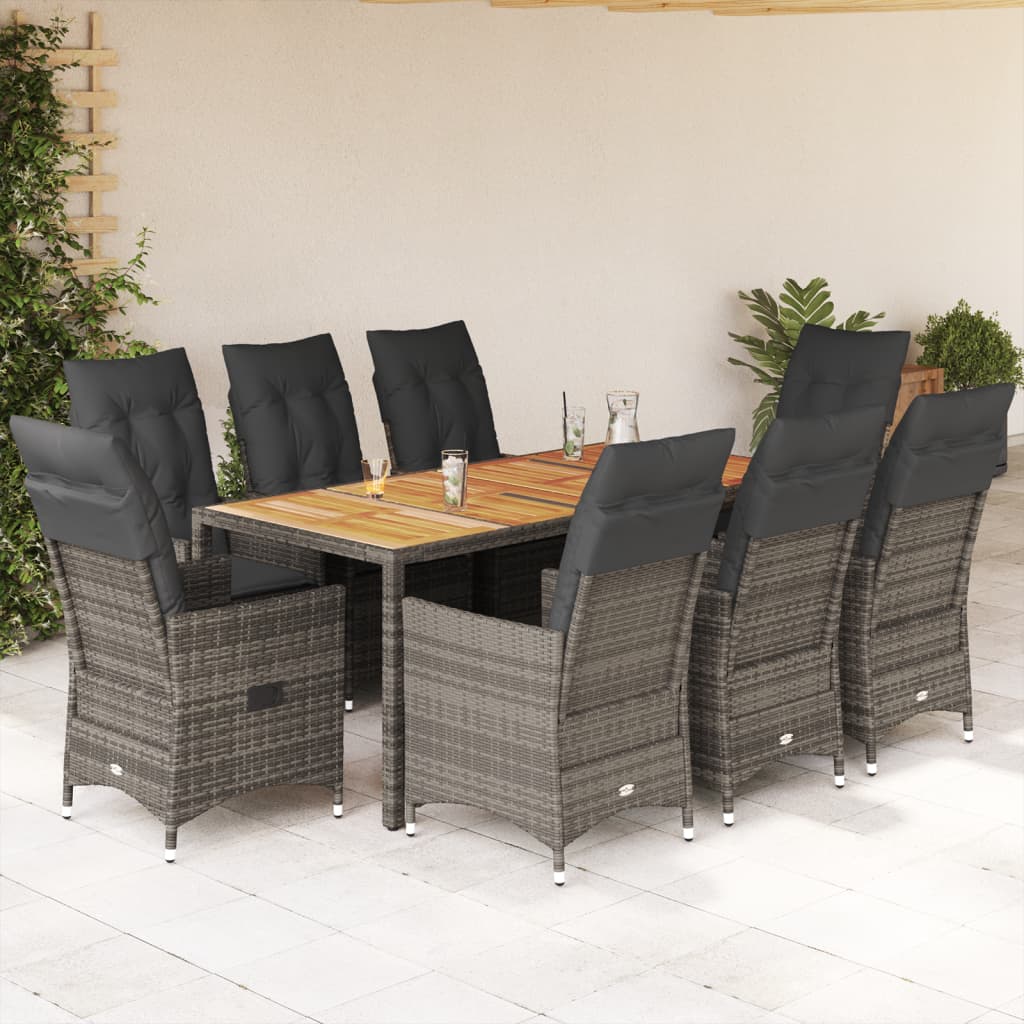 9 részes szürke polyrattan kerti étkezőgarnitúra párnával