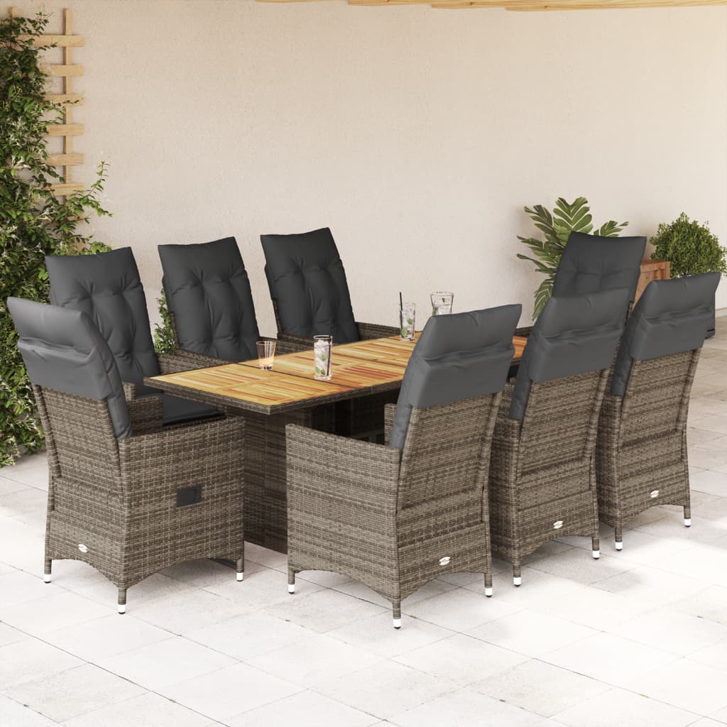 9 részes szürke polyrattan kerti étkezőgarnitúra párnával