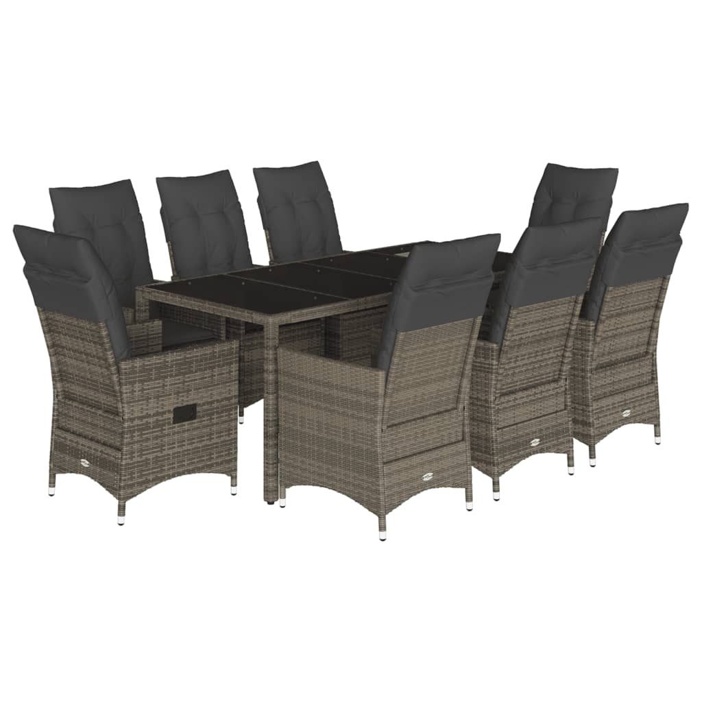9 részes szürke polyrattan kerti étkezőgarnitúra párnával