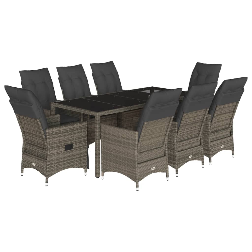 9 részes szürke polyrattan kerti étkezőgarnitúra párnával