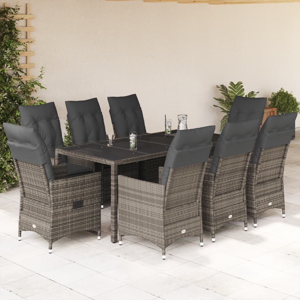 9 részes szürke polyrattan kerti étkezőgarnitúra párnával