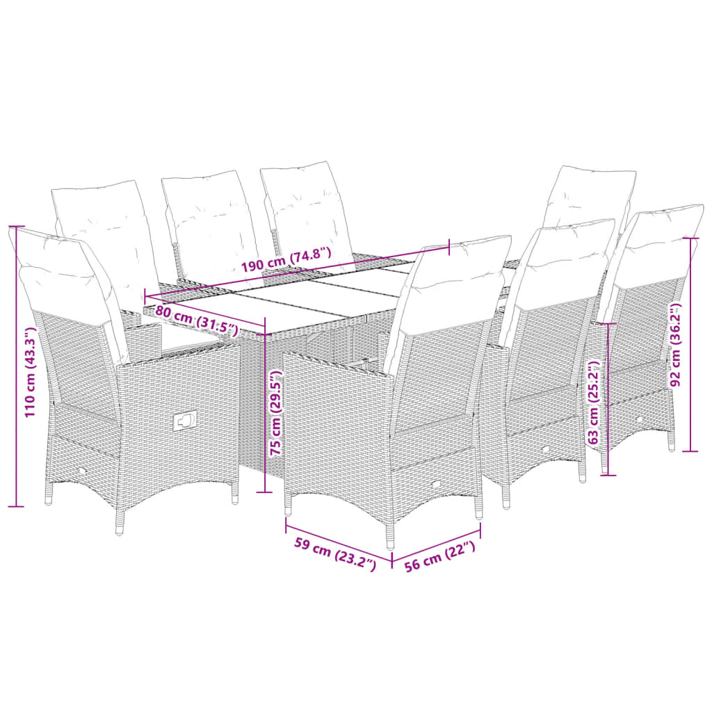 9 részes szürke polyrattan kerti étkezőgarnitúra párnával