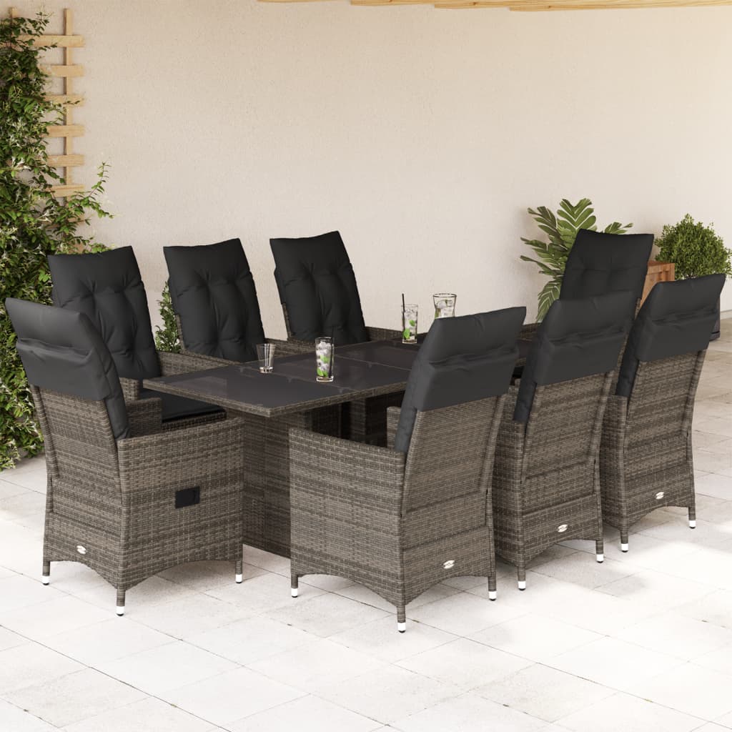 9 részes szürke polyrattan kerti étkezőgarnitúra párnával