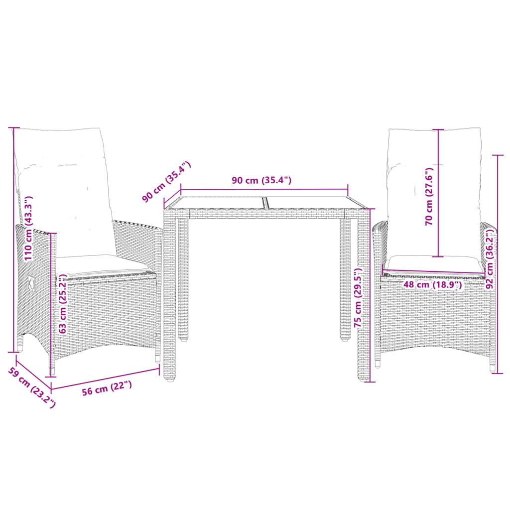3 részes barna polyrattan bisztrógarnitúra párnákkal