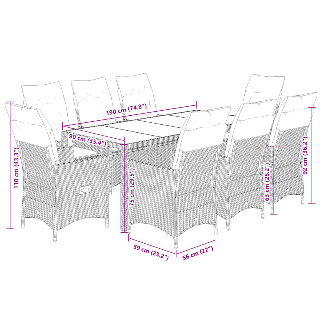 9 részes barna polyrattan kerti étkezőgarnitúra párnákkal