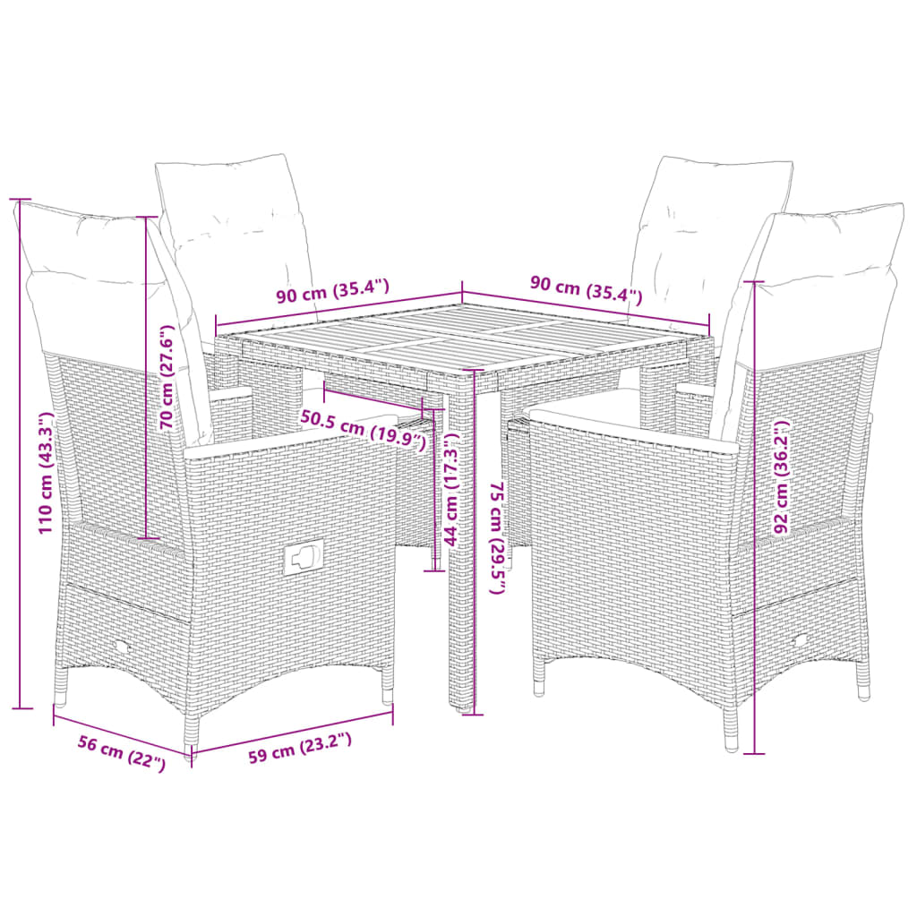5 részes fekete polyrattan kerti étkezőgarnitúra párnákkal