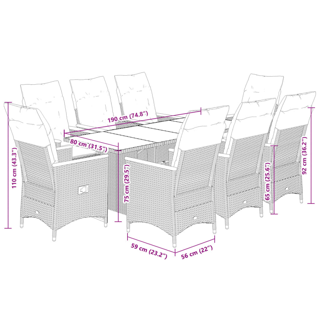 9 részes fekete polyrattan kerti étkezőgarnitúra párnákkal