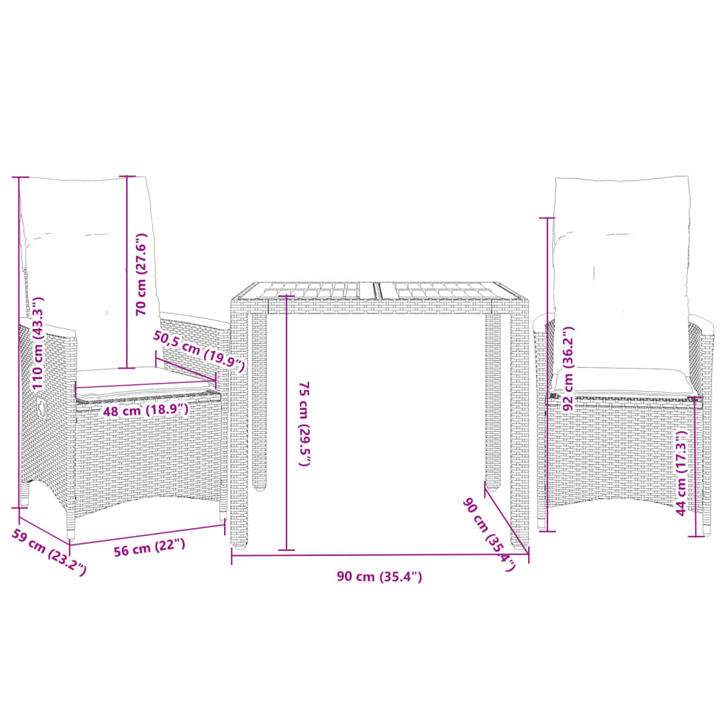 3 részes szürke polyrattan bisztrógarnitúra párnákkal